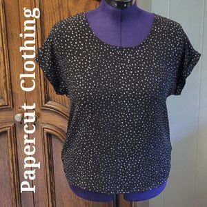 Papercut Clothing black with white polka dot short sleeve tunic blouse Sz: L